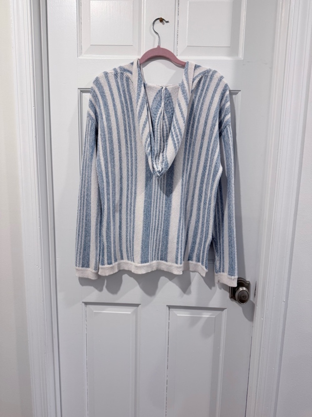 Striped V-Neck Hooded Knit Poncho - Blue & Cream Size - M - Picture 2 of 5